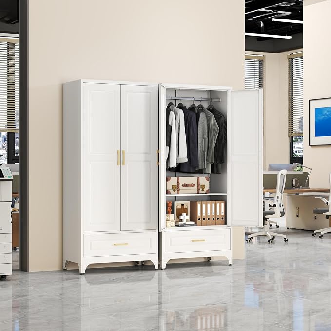 SteeLoong 71" Metal Armoire Wardrobe Closet with Drawer，Tall Clothing Storage Cabinet with Adjustable Shelves and Hanging Rod,White Wardrobe Closet for Bedroom,Home,Office,Gym