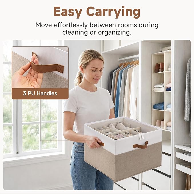 StorageWorks Shoe Organizer for Closet, Foldable Shoe Storage Box with Adjustable Dividers, Shoe Closet Organizer for Heels, Sneakers, Fits up to 16-32 Pairs, Brown & White