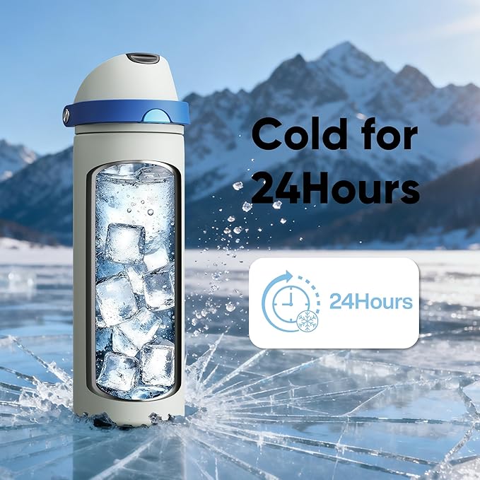 Insulated Water Bottle with Straw - Encool Stainless Steel Water Bottle with Push Button Lid, Leak-Proof & BPA-Free, Keeps Cold for 24 Hours for Sports, Travel, Gym (24 oz, Quill Grey-Blue)