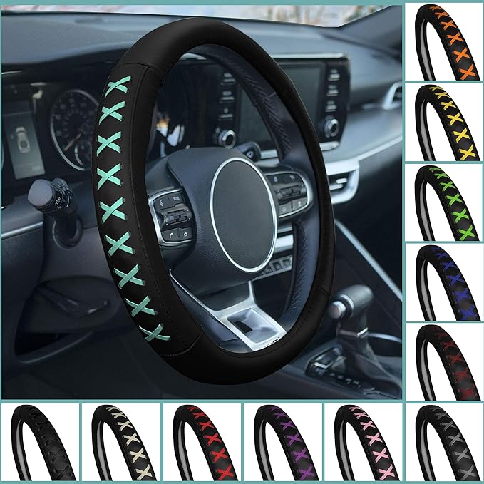 FH Group FH2022PURPLE Universal Fit 15 Inch Genuine Leather with Lace-Up Detailing Purple Steering Wheel Cover fits Most Cars, SUVs