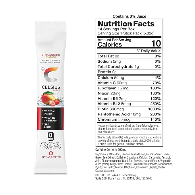 CELSIUS On The Go Strawberry Mango, Sugar Free Energy Drink Mix (14 Sticks per Pack) (Pack of 2)
