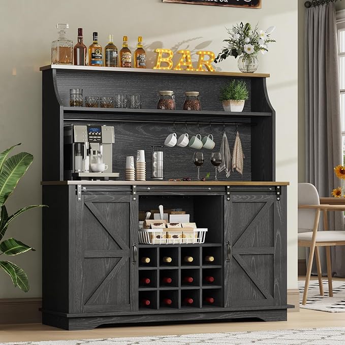 55 Inch Farmhouse Coffee Bar Cabinet with 3-Tier Enclosed Storage Cabinet, Kitchen Hutch with 12 Wine Racks & 3 Glass Holders, Coffee Bar with 6 Hooks, Wood Furniture for Dining Living Room, Black