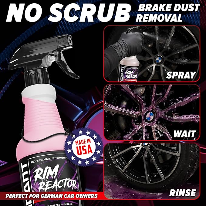 Carfidant Rim Reactor Wheel and Rim Cleaner Spray - Removes Brake Dust & Grime - Safe for BMW, Mercedes, Audi, VW & Porsche - No Scrub, pH Neutral, Non-Acidic Tire Cleaner - 32 fl oz