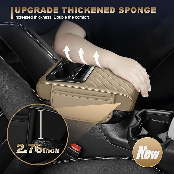 YORKNEIC Upgraded Car Center Console Cover with Cup Holder 2 Storage Bags - Faux Leather Arm Rest Cover Fit for Ford Taurus,Middle Console Cover Multi-Functional Car armrest Cushion(Beige)