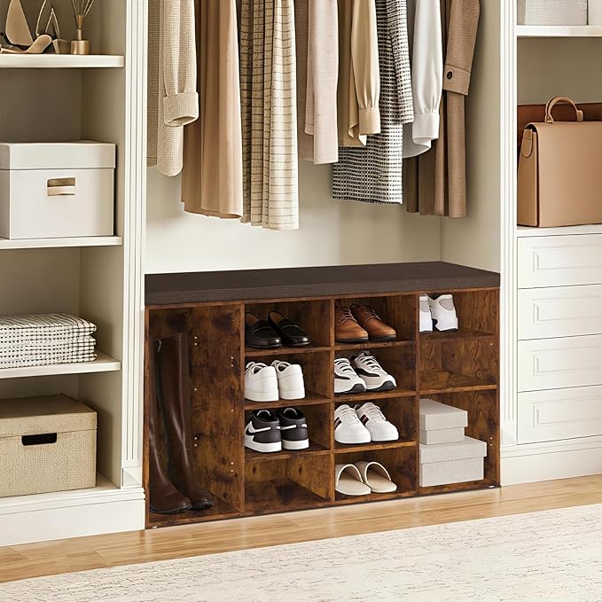 DINZI LVJ Shoe Storage Bench with Cushion, 14-Cubby Shoe Rack, Adjustable Shelves, Multifunctional Shoe Organizer Bench for Entryway, Mudroom, Hallway, Living Room, Bedroom and Garage, Rustic Brown