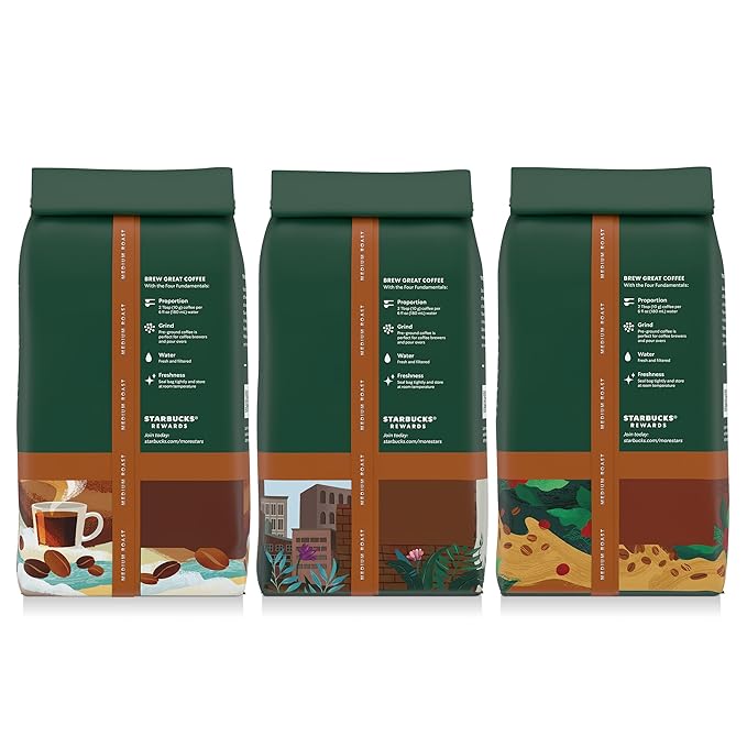 Starbucks Ground Coffee, Medium Roast Hot or Iced Coffee, Variety Pack, Three 12 oz Bags