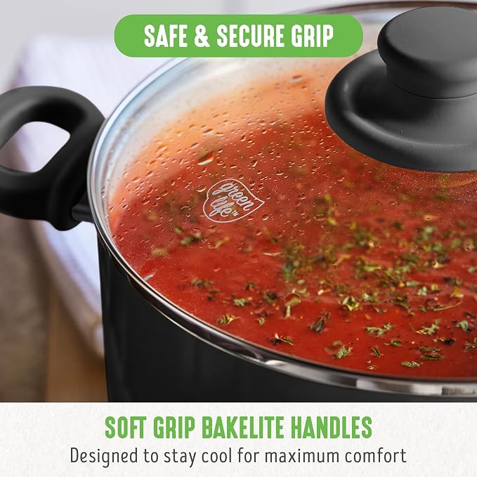 GreenLife 6QT Ceramic Nonstick Stockpot with Glass Straining Lid, PFAS-Free, Dishwasher Safe, Stay-Cool Handles, Oven Safe to 350°F, Wobble-Free Base, Even Heating, Black
