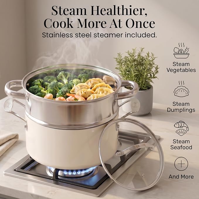 Gotham Steel 20pcs Pots and Pans Set Non Stick Ceramic Cookware Set with Deep Frying Pan Set & 6pc Knife Set, Made without PFOA PFOS, Lasts 2x Longer, Oven & Dishwasher Safe