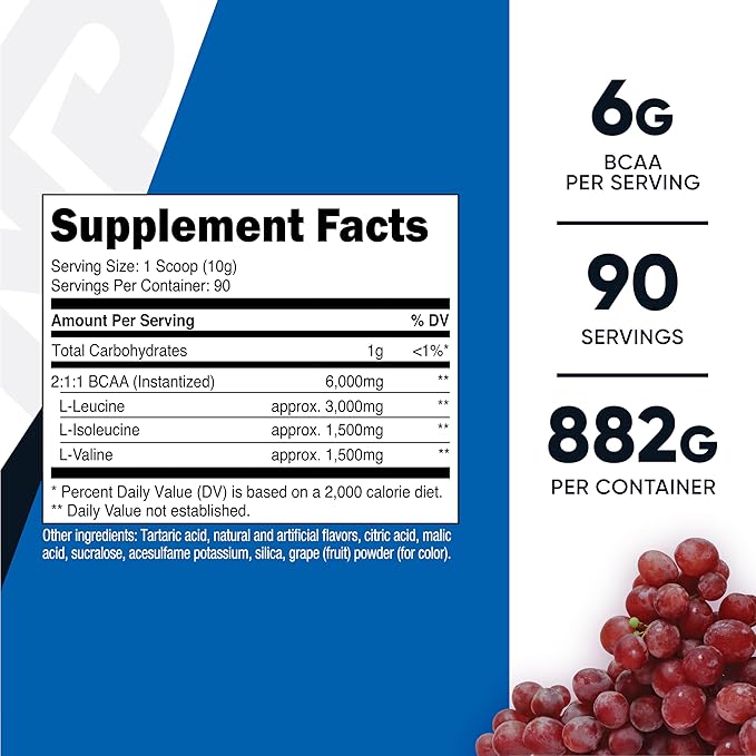 Nutricost BCAA Powder (Grape, 90 Servings) - Optimal 2:1:1 Ratio, Vegetarian, Non-GMO