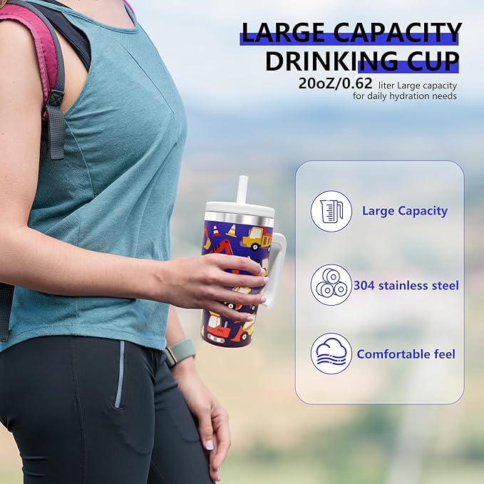 2PCS 20-OZ Insulated Water Bottle,Insulated Stainless Steel Tumbler,Reusable Cold Drink Thermos,BPA-Free, Double-Wall Stainless Steel Water Bottle (Dark Blue-Construction Trucks, 20, Fluid Ounces)