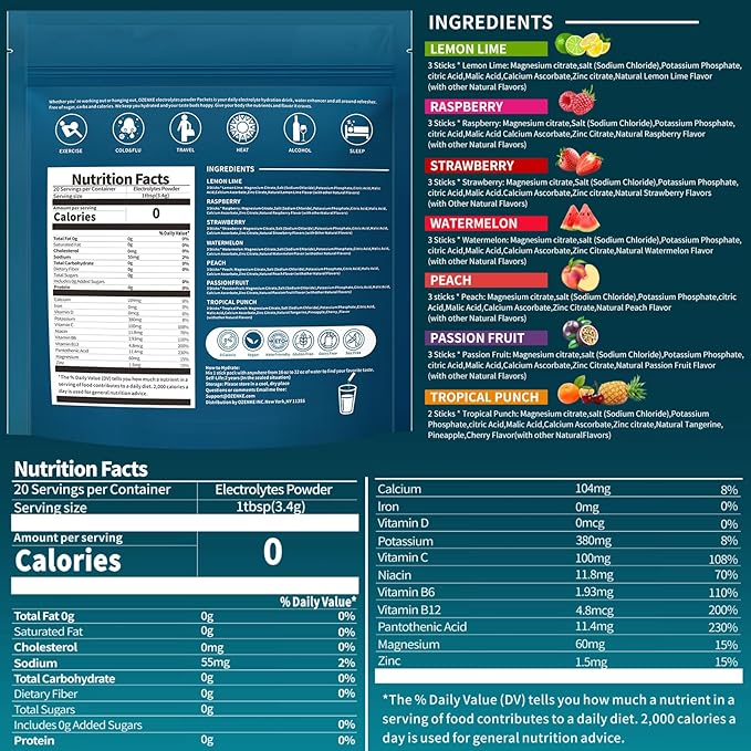 Electrolytes Powder Packets, Hydration Packets, Electrolytes Powder No Sugar, Portable Electrolyte Drink Mix for Rapid Hydration, Sugar Free & Low Sodium | 0 Calorie | 7 Flavors | 20 Sticks