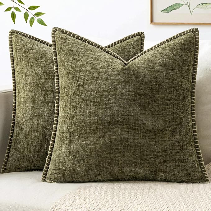 MIULEE Pack of 2 Euro Sham Pillow Covers 24x24 Inch Olive Green Farmhouse Decorative Throw Pillow Covers with Stitched Edge Soft Chenille Solid Dyed Pillow Covers for Bed Sofa Couch Living Room
