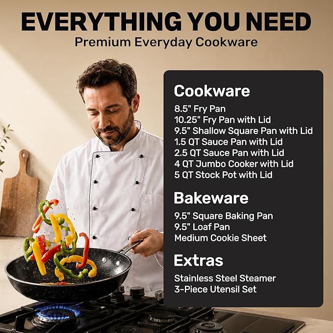 GRANITESTONE 20 Pc Complete Pots and Pans Set Non Stick Cookware Set with Saute Pan, Bakeware, Steamer, Cooking Utensils, Made Without PFOA PFOS, Oven and Dishwasher Safe