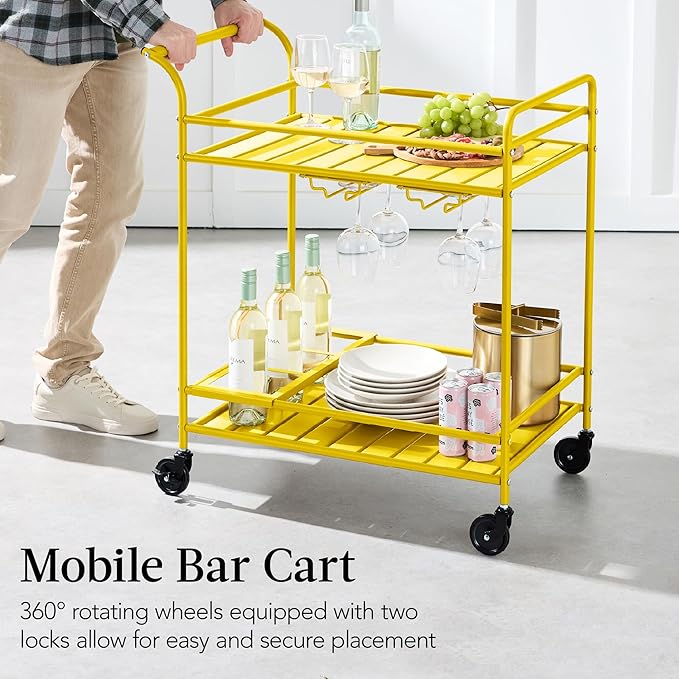 Best Choice Products Outdoor Mobile Patio Bar Cart, Home Bar Serving Cart, BBQ Side Table w/ 2 Tier Storage, Wine Rack, Lockable Wheels - Yellow