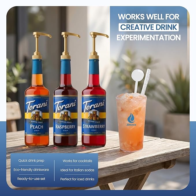 Jimoco Barista Set – Torani Sugar Free Peach, Raspberry & Strawberry Syrups (25.4 oz Each) with 3 Jimoco Syrup Pumps, Reusable Cups, Straws & Stirrers – Coffee, Italian Soda & Cocktail Flavoring Kit