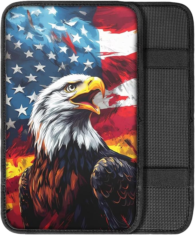 Mintutlipy Flame American Flag Eagle Automotive Center Console Cover Universal Fit 12.3×7.5 Inches Armrest Cushion Pad Protector for SUV Sedans Vans