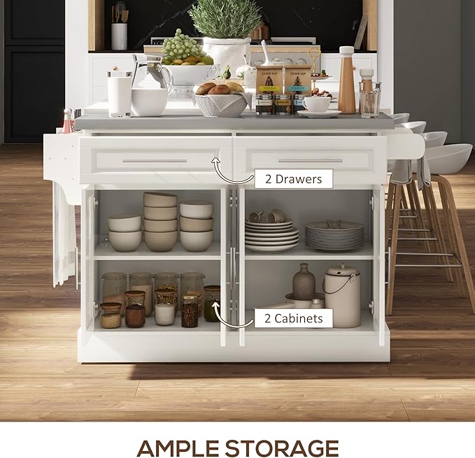 HOMCOM Rolling Kitchen Island Cart with 47" Stainless Steel Top, Portable Island Table for Kitchen with Wheels, Adjustable Shelves, 2 Drawers, Spice, Knife and Towel Rack, Cream White