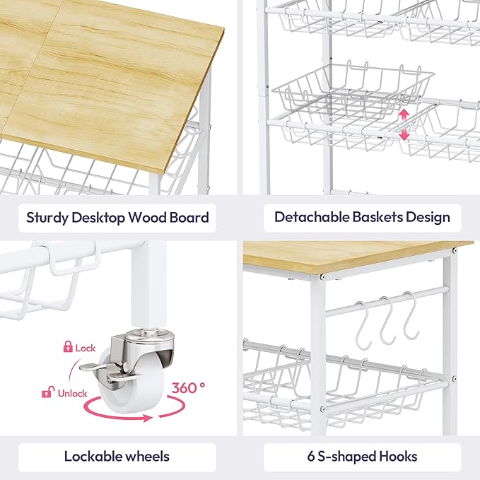 SWTYMIKI Rolling Kitchen Storage Cart - 4 Tier Microwave Table Stand with 6 Storage Baskets, Coffee Bar with Wheels, Kitchen Utility Cart Shelf Rack Organizer for Fruit, Vegetables, Potato (White)