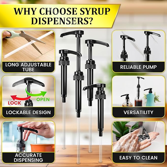 4 Pcs Coffee Syrup Pump Dispenser Set - Syrup Pumps for Coffee Bar 750ml Bottles with Food-Grade Plastic Adjustable Tube, Lockable Mechanism - Accurate Dispensing, Easy Cleaning for Various Liquids