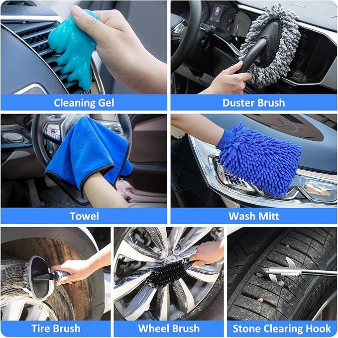 AUTODECO 44Pcs Car Wash Detailing Kit Cleaning Kits with Foam Gun Sprayer Wash Mop with Long Handle Collapsible Bucket Large Wash Mitt Towels Complete Interior Exterior Car Washing Supply Set Blue