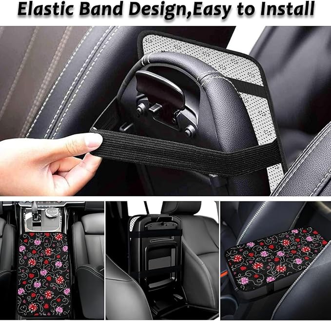 CLOHOMIN Cute Ladybug Car Arm Rest Covers Heart Auto Armrest Pad with Straps Warm Car Accessories Flannel Auto Center Console Armrest Cushion Cover Fit for Most Vehicles