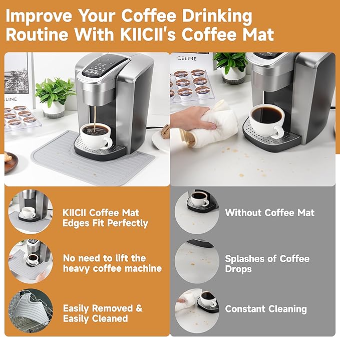 Silicone Coffee Mat for Keurig K-Elite Coffee Maker, Coffee Bar Mat for Countertop, Espresso Machine Accessories, Splash-proof, Easy to Move, Dishwasher Safe