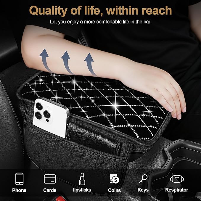 YORKNEIC Bling Car Center Console Cover Fit for Ford Escape: Middle Armrest Cover with Crystal Rhinestones, Diamond Automotive Interior Car Arm Rest Cover Pad Protector(Black&Silver Diamond)