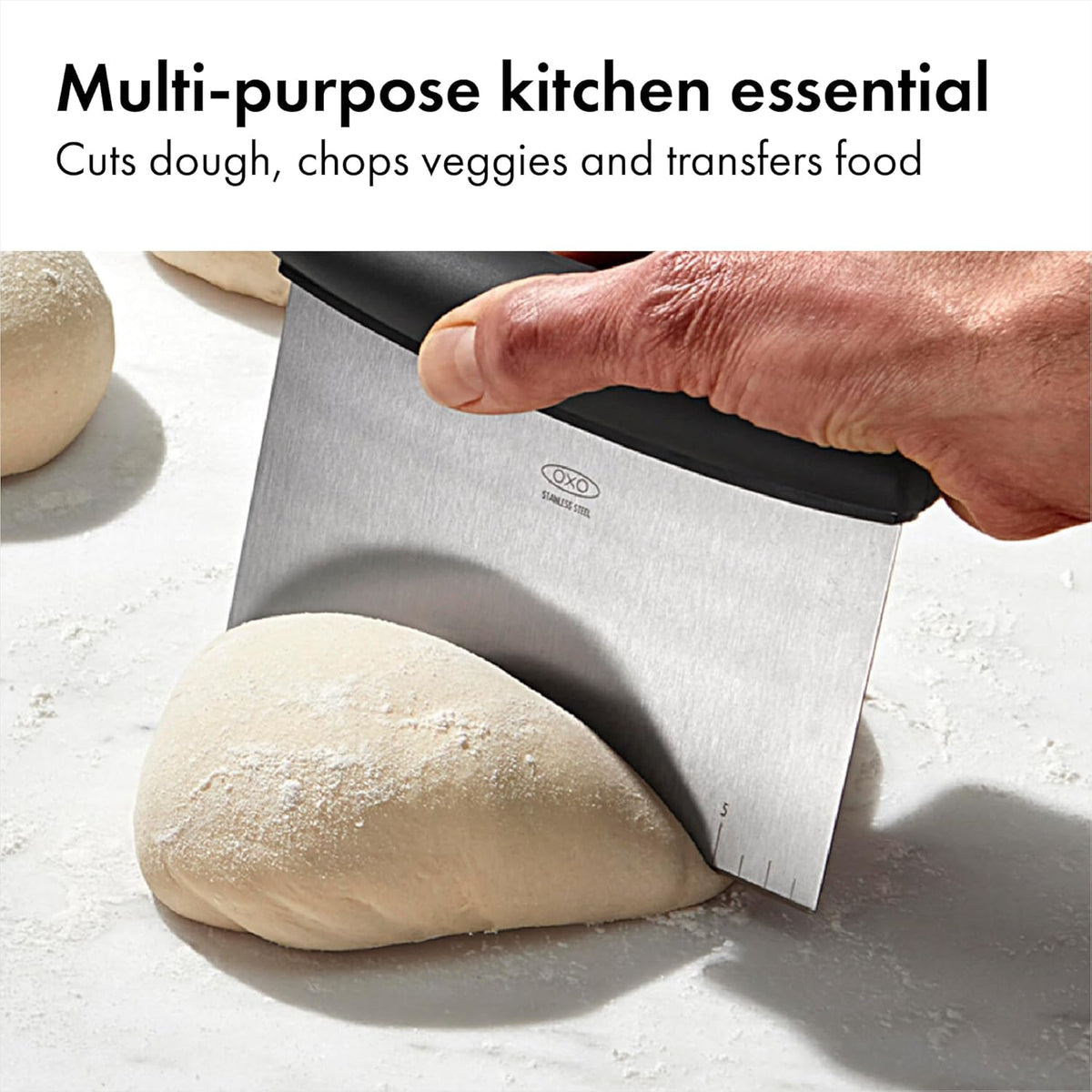 OXO Good Grips Stainless Steel Multi-Purpose Scraper & Chopper, Dough Cutter for Pizza, Bread and Cookie Dough, Multi-Purpose Vegetable Chopper, Dishwasher-Safe Kitchen Essential