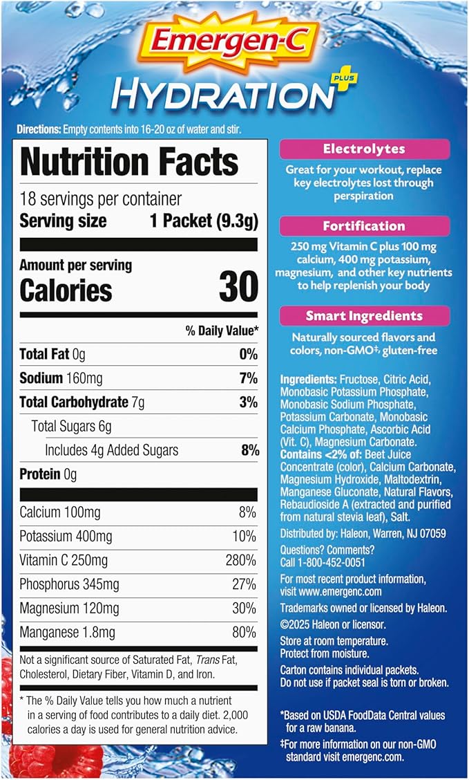 Emergen-C Hydration+ Sports Drink Mix With Vitamin C (18 Count, Raspberry Flavor), Electrolyte Replenishment, 0.33 Ounce Powder Packets