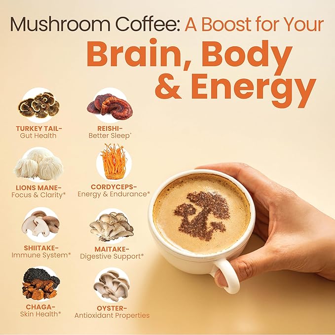 Focus Coffee Mushroom Blend, Nootropic Complex Coffee, Supports Alertness and Clarity, (Lion’s Mane, Cordyceps, Turkey Tail) Green Coffee Bean Instant Coffee for Focus & Gut Health, 30 Servings