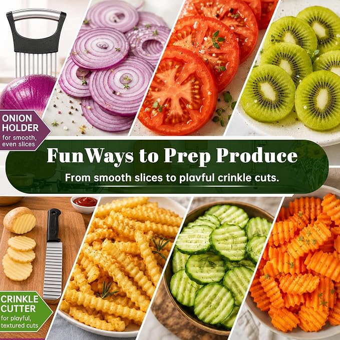 Onion Holder for Slicing & Crinkle Cutter Knife, 2 Piece Kitchen Prep Tool Set, Stainless Steel Onion Slicer Prongs, Wavy Knife, Potato Cutter for Fries, Tomato, Cucumber, Carrot