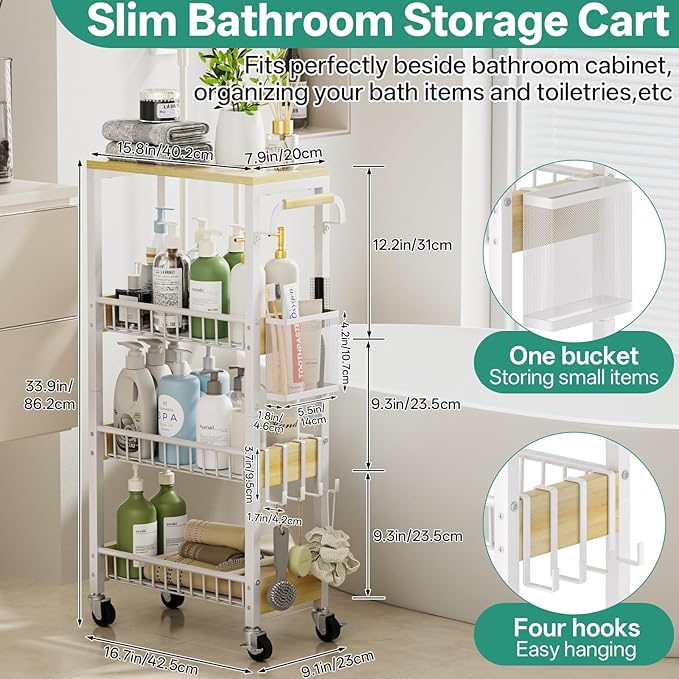 Slim Bathroom Storage Cart, 4 Tier Small Rolling Organizer Cabinet with Wood Top Handle, Mobile Shelving Unit Slide Out for Office, Kitchen, Laundry Room & Narrow Places (9.1" Overall Width)
