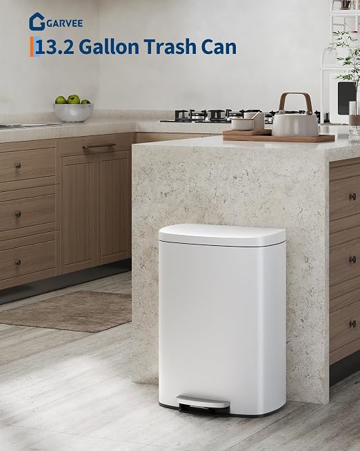 GarveeHome Stainless Steel Kitchen Trash Can, 13 Gal / 50 L Step-On Garbage Bin with Soft Close Lid, Large Rustproof Metal Trash Can for Kitchen, White