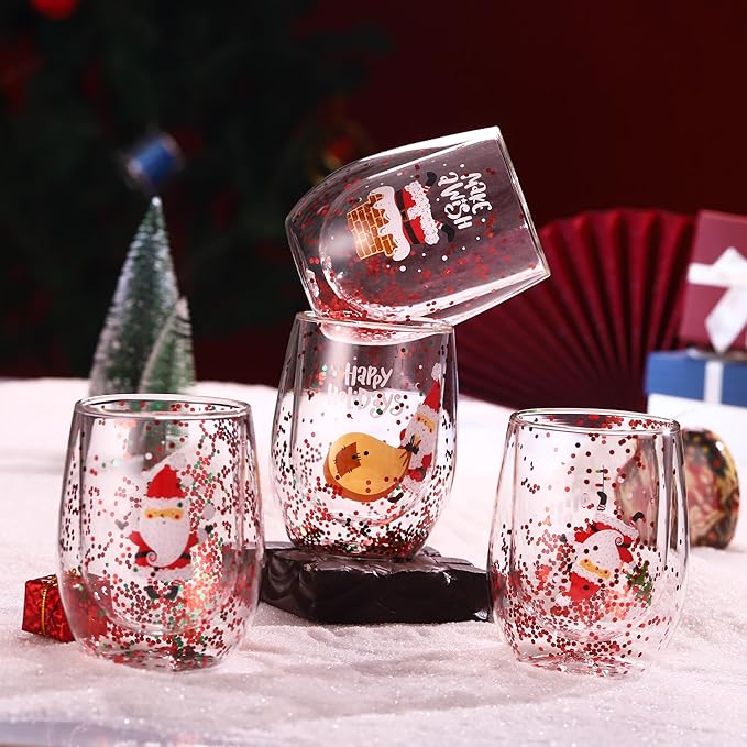 Christmas Mugs, 8 oz Double Wall Insulated Glass Coffee Mugs Set of 4, Cute Funny Mugs Coffee Cups for Cappuccino, Latte, Americano, Tea, Wine and Beverage