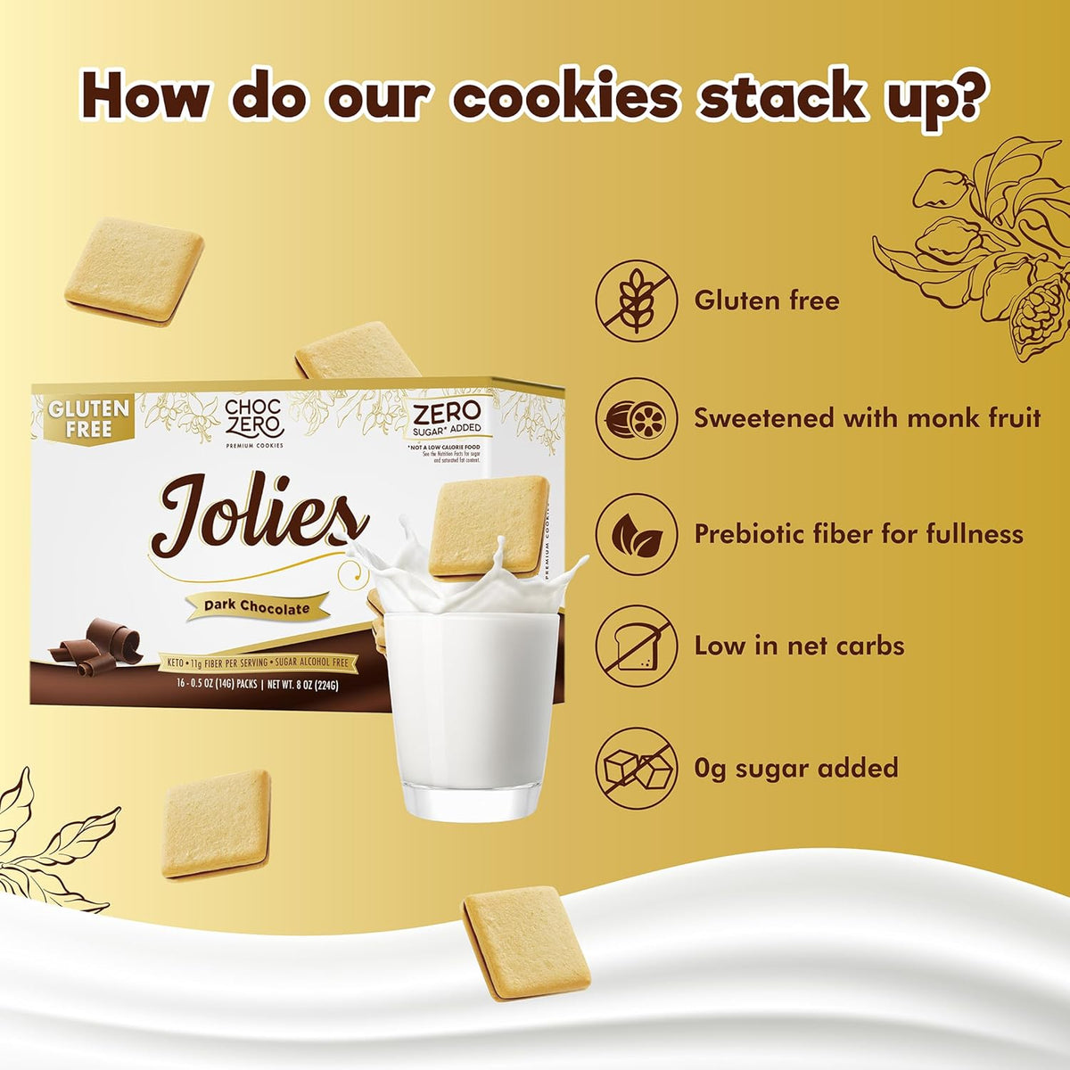ChocZero Chocolate Cookies, Dark Chocolate Jolies – Gluten Free, Sugar Free, 16 Crispy Chocolate Filled Keto Cookies Per Box, 8 Ounce