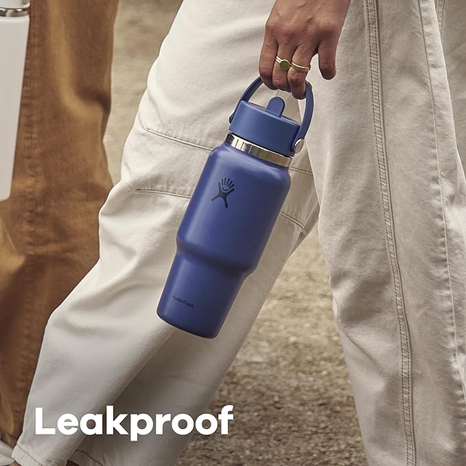 Hydro Flask Travel Water Bottle - Insulated Stainless Steel - Wide Straw Lid, Non Spill, Leakproof in 40 Oz Capri Blue
