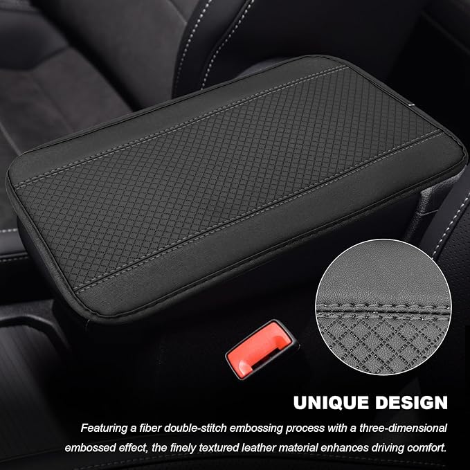 Car Armrest Storage Box Mat, Leather Embossing Auto Center Console Cushion Protective Pad, Anti-Scratch Waterproof Armrest Seat Box Protector for Most Cars Trucks SUVs (Black & Gray)