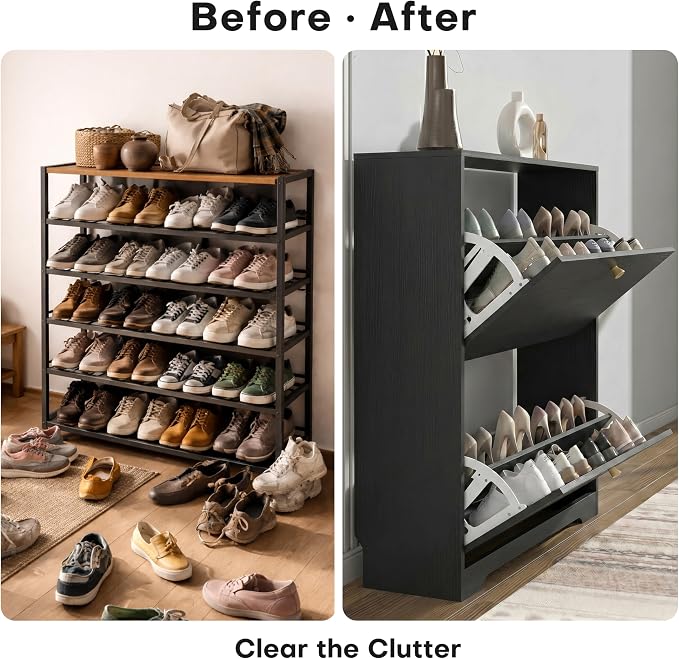 Nicetree Shoe Cabinet with 2 Flip Drawers, Narrow Shoe Organizer Cabinet, Freestanding Shoe Rack Cabinet, Modern Shoe Storage Cabinet for Entryway, Hallway, Foyer, Black with Hook