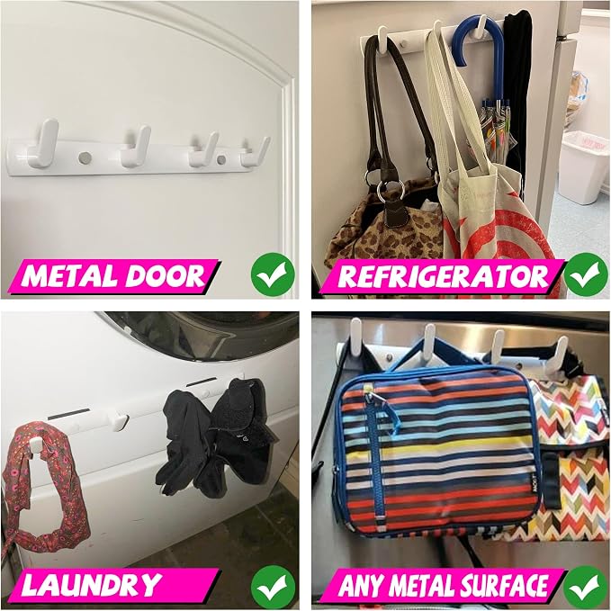 ULIBERMAGNET Magnetic Hooks,Heavy Duty Coat Magnetic Rack,Strong Rubber Magnetic Hanger for Refrigerator,Metal Cabinet,Hanging Coat, Towel, Bag, Backpack(White/4 Hooks)
