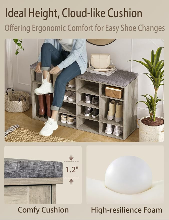 DINZI LVJ Shoe Storage Bench with Cushion, 16-Cubby Shoe Rack, Adjustable Shelves, Multifunctional Shoe Organizer Bench for Entryway, Mudroom, Hallway, Living Room, Bedroom and Garage, Gray Wash