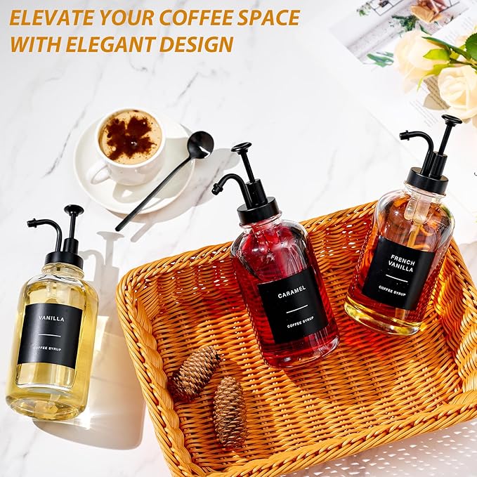 Coffee Syrup Dispenser for Bar, Glass Syrup Bottle with Pump, Coffee Pump Dispenser Bottle with Tray, Spoon for Station,16.9 oz, Black, 500 ml