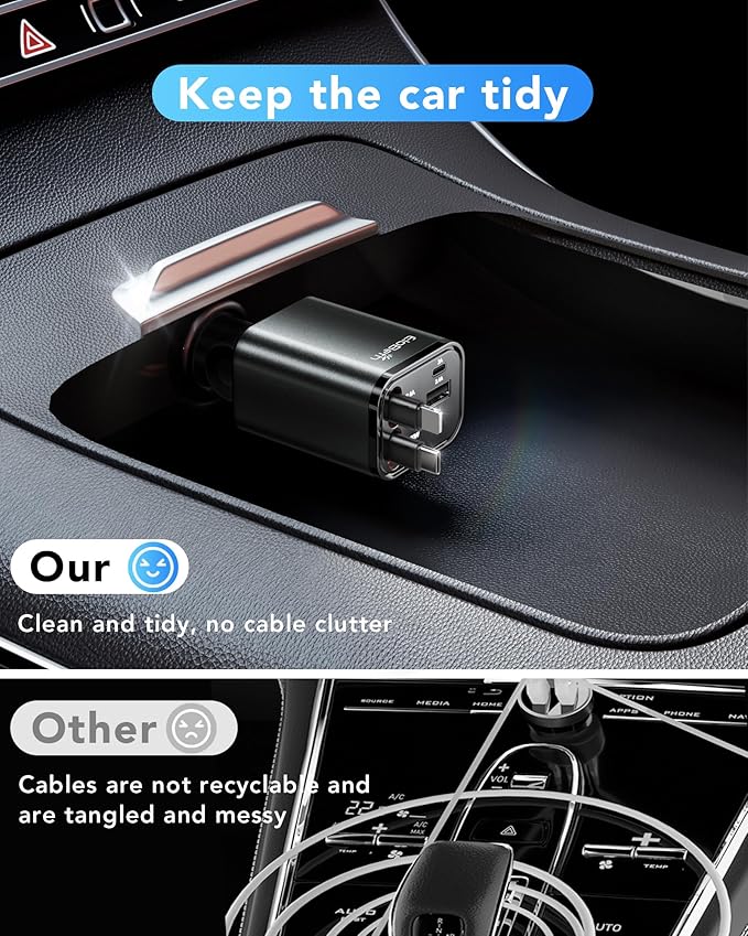 Retractable Car Charger Adapter for iPhone 17,4 in 1 Fast Charging Car Phone Charger,69W USB C Car Truck Accessories,Road Trip Essentials Gift for Men Women for iPhone 17 Pro Max/16/15/14,Galaxy S26