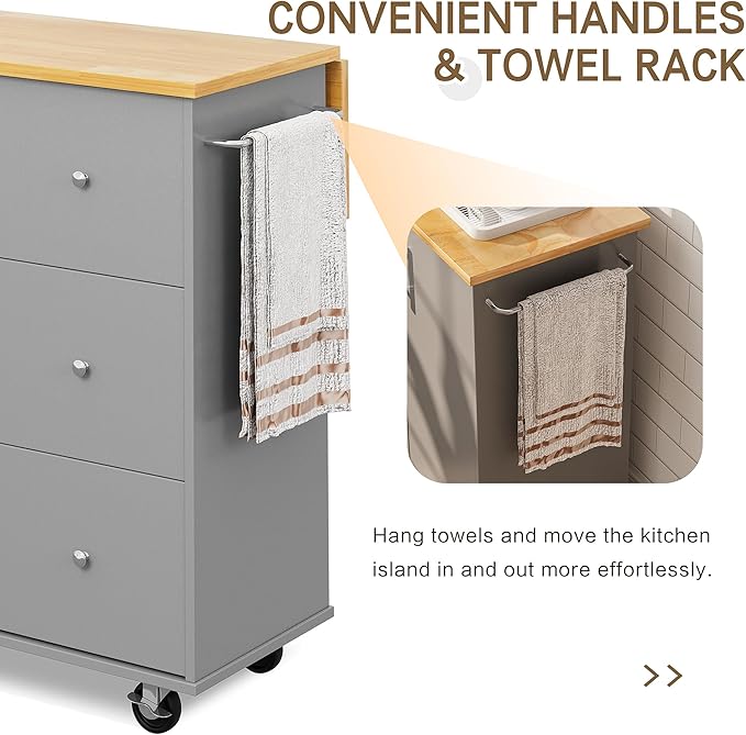 SUNLEI Kitchen Island on Wheels with Storage Cabinet & Foldable Drop Leaf, Rolling Kitchen Table, Cart Handle for Towel Rack, Drop Leaf, Portable Islands for Kitchen (Cement Gray, 39.7-INCH)