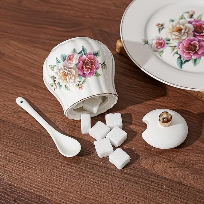 Ceramic Sugar and Creamer Set, 3 Piece Set with Cream Pitcher, Sugar Bowl, Spoon (Camellia)