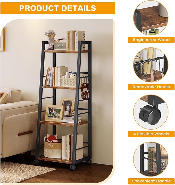 Homeiju 4 Tier Kitchen Storage Cart with Lockable Wheels & 6 Hooks, Mobile Utility Organizer Rolling Cart for Small Spaces, Bar Cart for Kitchen and Living Room, Rustic Brown