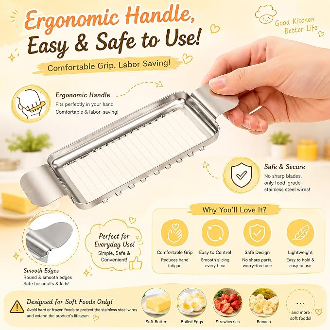 JAYVAR Cheese Slicer and Butter Cutter, 304 Stainless Steel Wire | Multifunctional Cheese Slicers for Block Cheesees, Handheld Butters Slicers Cutter, for Egg Slicing, Dishwasher Safe