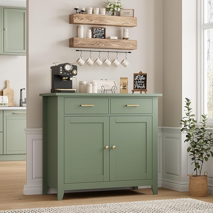 HORSTORS Kitchen Storage Cabinet, Modern Farmhouse Buffet Cabinet with Storage, Coffee Bar with 2 Drawers and 2 Doors, Floor Sideboard Buffet for Living Room, Dining Room, Bathroom, Green