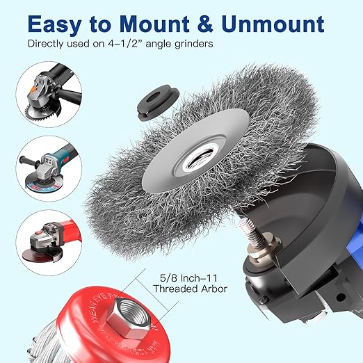BURMONG 7 PCS Wire Wheel Brush for 4-1/2" Angle Grinder, Carbon Steel Knotted & Crimped Cup/Wheel Brushes (3" & 4"), Heavy Duty Rust, Paint, Corrosion Removal, 5/8"-11 UNC Threaded Arbor