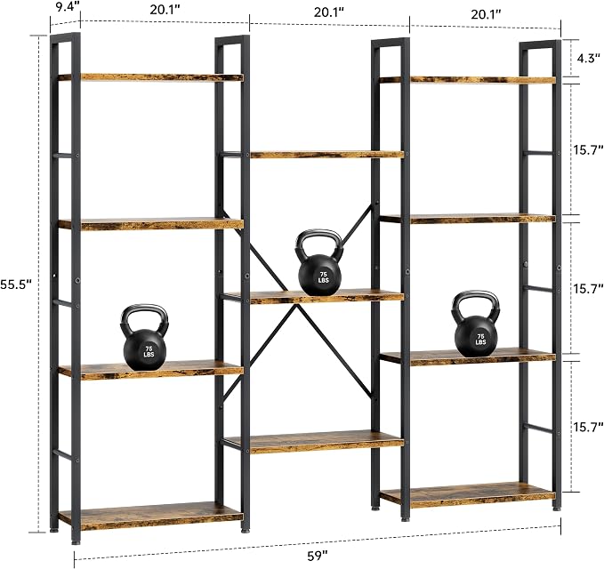 Shintenchi Triple Column 4 Tier Bookshelf, Industrial Large Bookcase Display Shelves, Large Etagere Bookshelf,Wide Book Shelf Book Case for Home & Office, Rustic Brown