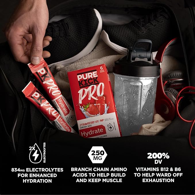 PURE KICK PRO Hydration Electrolyte Drink Mix, Strawberry Ice Pop, Includes 1 Box with 6 Packets in Each Box